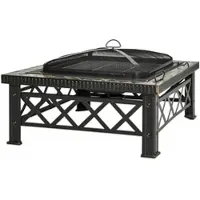 OKWISH Feuerschale aus Stahl in Schwarz, 76x76x47 cm, quadratisch, mit Funkenschutzdeckel, Grillrost und Schürhaken