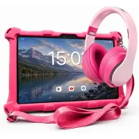 AngelTech Kinderpaket XL - Kindertablet + Kinderkopfhörer - Android 14 - 3+4 GB RAM - 32+64GB - Elternaufsicht - 10 Zoll - Rosa