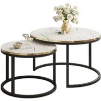 Lookway COUCHTISCH Set SOLEIL 2in1, rund, Weiß Marmor-Optik und Schwarz Gestell
