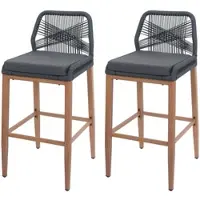 Décoshop26 - Set aus 2 Outdoor-Barhockern mit dekorativer elastischer Seilrückenlehne und Fußstütze Stahlrahmen in Holzoptik 04_0009643
