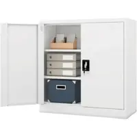 DELUKE Jan Nowak Aktenschrank abschließbar BEATA 3 Ebenen, Flügeltüren | Metallschrank Werkstatt Büroschrank aus Stahl Werkzeugschrank, 93x90x40cm Weiß