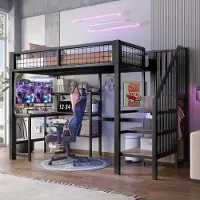 SUCCESS COURIER Hochbett, 90×200 cm, Eisenbett mit Untertisch, mehreren Einlegeböden & Einbauschrank, ohne Matratze, Schwarz