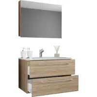 VCM 3-tlg. Waschplatz Waschtisch | Waschbecken Unterschrank Breite 80 cm | Badmöbel Set mit Schubladen Drehtüren Spiegelschrank | Badinos