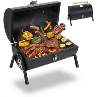 Relaxdays Campinggrill, 2 Kohleschalen, Thermometer, Rauchabzug, HxBxT: 35 x 41 x 29 cm, tragbarer Tischgrill, schwarz