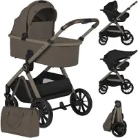 Lionelo Kombikinderwagen Layla 3in1 Babyschale, Babywanne und Buggy bis 22 kg, Babywanne bis 9 kg, 360° Schwenkbare PolyurethanRäder, XXL Verdeck - Beige