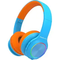 PowerLocus Kinder Kopfhörer kabellos Bluetooth 5.3 Over-Ear mit Mikrofon Lautstärkeregler Blau/Orange
