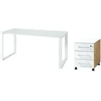 KADIMA DESIGN Schreibtisch Set 2-teilig mit Rollcontainer | 160x80 cm Tisch & Container | Glasplatte Soft-Close Abschließbar | Chalet-Eiche-Nb./Weiß | Serie MUENCHEN