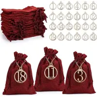 Sonstiges LIHAO Adventskalender Jutesäckchen Rot Weihnachten Geschenksäckchen 24 Stück Zahlen Holz Deko 10x15cm
