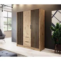 COLLECTIFY24 Kleiderschrank mit Drehtüren und Lamellen ELIA 150 cm 3-türig mit Schubladen Kleiderschrank mit Lamellen und 2 Schubladen, Breite: 150 cm, Farbe: Artisan-Eiche