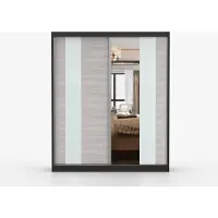 INTER-M Schwebetürenschrank Kleiderschrank Schrank 183 cm Schwarz/Kathult mit Spiegel, 2-türig, Schlafzimmer