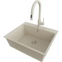PrimaGran Granitspüle Beige 58x50cm, Spülbecken 1 Becken + Küchenarmatur 40x20cm + Ablauf-Set, Küchenspüle ab 60er Unterschrank - Riga