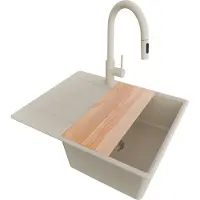 PrimaGran Granitspüle Beige 62x50cm, Spülbecken 1 Becken + Küchenarmatur 40x20cm + Ablauf-Set + Schneidebrett, Küchenspüle ab 45er Unterschrank - Kopenhagen