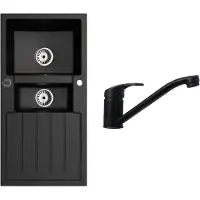 Faizee Home [Granitspüle 100x50+Armatur klein]Hochwertig Eckige Einbaugranitspüle Spülbecken f. Unterschränke ab 45 cm inkl. Siphon Set, Farbe:Schwarz gesprenkelt