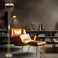 Globo LED Deckenfluter, Messing, Dimmer, Lesespot, H 194 cm