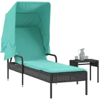 vidaXL Sonnenliege mit Sonnendach und Tisch Schwarz Polyrattan