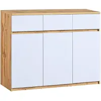 Masseno Kommode KRYOS 120 cm Sideboard mit 3 Schubladen und 3 Türen für Wohnzimmer Schlafzimmer Modern 120x40x94 cm Eiche Wotan / Weiß