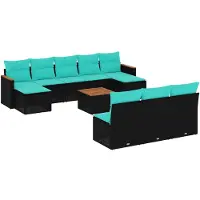 vidaXL 11-teiliges Gartensofa-Set mit Kissen, schwarzes Polyrattan