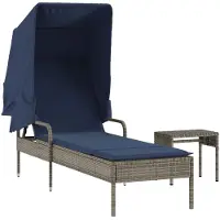 vidaXL Sonnenliege mit Sonnendach und Tisch Grau Polyrattan