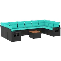vidaXL 11-teiliges Gartensofa-Set mit Kissen, schwarzes Polyrattan