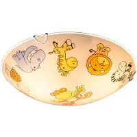 Globo Lighting Kinderleuchte Deckenlampe Glas Kinderzimmerlampe rund, Glas bunt mit Tiermotiven, 2x E27, DxH 30x6,5 cm