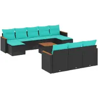 vidaXL 11-teiliges Gartensofa-Set mit Kissen, schwarzes Polyrattan