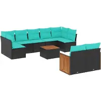 vidaXL 10-teiliges Gartensofa-Set mit Kissen, schwarzes Polyrattan