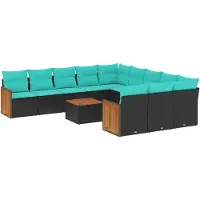 vidaXL 12-teiliges Gartensofa-Set mit Kissen, schwarzes Polyrattan