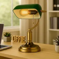 Globo Tischleuchte, Bankerlampe, Zugkette, altmessing, grün, H 36 cm