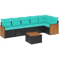 vidaXL 7-teiliges Gartensofa-Set mit Kissen, schwarzes Polyrattan