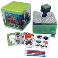 Sans marque Minecraft Radiergummi-Set mit Buntstiften, Aufklebern und Karten im praktischen Würfel