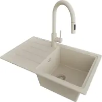 PrimaGran Granitspüle Beige 70x44cm, Spülbecken 1 Becken + Küchenarmatur 40x20cm + Ablauf-Set, Küchenspüle ab 45er Unterschrank - Kopenhagen Easy