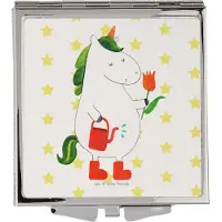 Mr. & Mrs. Panda Schminkspiegel Einhorn Gärtner - Weiß - Geschenk, Unicorn, Freundin, Taschenspiegel, Garten, Spiegel Für Handtasche, Kosmetikspiegel, Mini, Blume