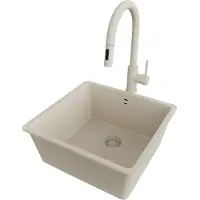 PrimaGran Granitspüle Beige 46x44cm, Spülbecken 1 Becken + Küchenarmatur 40x20cm + Ablauf-Set, Küchenspüle ab 50er Unterschrank - Venedig Slim Easy
