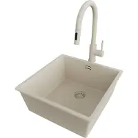PrimaGran Granitspüle Beige 46x47cm, Spülbecken 1 Becken + Küchenarmatur 40x20cm + Ablauf-Set, Küchenspüle ab 50er Unterschrank - London Slim