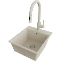 PrimaGran Granitspüle Beige 38x44cm, Spülbecken 1 Becken + Küchenarmatur 40x20cm + Ablauf-Set, Küchenspüle ab 40er Unterschrank - Riga Easy