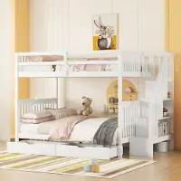 SUCCESS COURIER Etagenbett 140x200 cm Weiß aus Kiefernholz & MDF - Hochbett mit Treppenregal & 2 Schubladen, Kinderschiffbett mit Rausfallschutz EN747 , Ohne Matratze