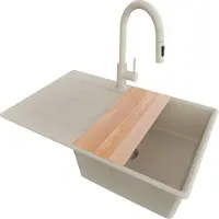 PrimaGran Granitspüle Beige 78x50cm, Spülbecken 1 Becken + Küchenarmatur 40x20cm + Ablauf-Set + Schneidebrett, Küchenspüle ab 50er Unterschrank - Kopenhagen