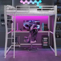 Ulife Hochbett mit LED, Schreibtisch, Konsole, Steckdose + USB, Geländer & Treppe, platzsparend, robust, weiß für Kinder & Jugendzimmer 140x200 cm