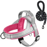 Famanu Hundegeschirr mit Leine, verstellbares Y-Geschirr mit Reflexion und Handgriff für Training und Spaziergänge, grau/rosa, Größe M