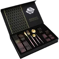 Faizee Home Besteck Set Edelstahl für 6 Personen 24-teiliges Besteckset hochglanzpoliert Spülmaschinenfest Luxury Box, Farben:Rose Gold