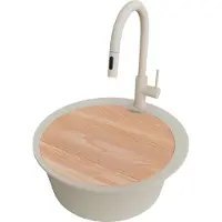 PrimaGran Granitspüle Beige 53x53cm, Spülbecken Rund 1 Becken + Küchenarmatur 40x20cm + Ablauf-Set + Schneidebrett, Küchenspüle ab 50er Unterschrank - Pisa Max