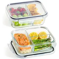Markenlos Mahlzeitenbehälter 3 Fächer – Set von 2 Glasbehältern 1l – luftdicht – BPA-frei – geeignet für Gefrierfach und Mikrowelle