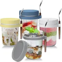 Markenlos Gläserne Müslibecher mit Deckel und Löffel - Set von 4 Joghurtbechern in verschiedenen Farben - 425 ml