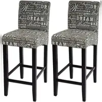 Décoshop26 - Set aus 2 Barhockern mit grauem Stoffbezug und Schriftzugmuster dunkle Beine mit Fußstütze TDB04074