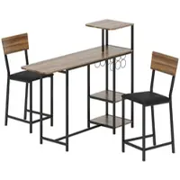 HOMCOM Bar-Set mit klappbaren Seitenteilen, Weinregal und 2 Hockern im Industrial-Stil in Braun und Schwarz