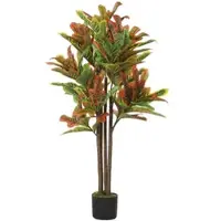 HOMCOM 120 cm Künstliche Croton-Pflanze im Topf, Dekorative Kunstpflanze mit 139 PEVA-Blättern und echtem Holzstamm für Zuhause und Büro