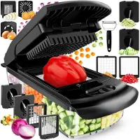 Famanu 9-in-1 Gemüseschneider schwarz – kompakte manuelle Schneidemaschine für Salate und Gemüse