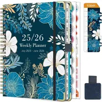 Famanu Agenda 2025 2026 Spiral-Wochenplaner Juli 2025 - Juni 2026 (12 Monate) A5 mit Stiftschlaufe, Lineal-Lesezeichen & Planungsstickern (Blau und