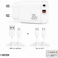 H24z Schnellladegerät USB-C + USB-A Dual Netzteil Universal mit Kabel – 1x USB Lightning 1x Typ-C Typ-C 1 Meter