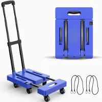 Famanu Handwagen Blau mit 6 Rädern, Tragfähigkeit 225 kg, zusammenklappbar mit elastischen Bändern